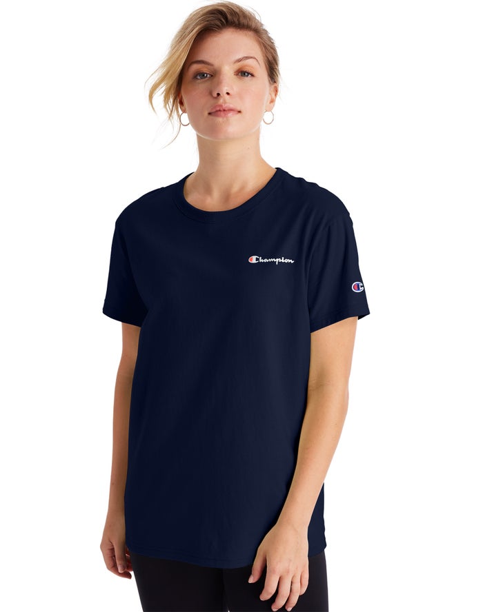 Champion Womens T-Shirt NZ - Boyfriend Script Logo Navy ( 3081-GLAJT )